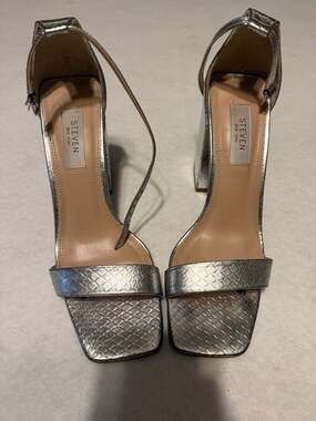 STEVEN New York Silver Metallic Snakeskin Embossed Block Ankle Strap Sandals
